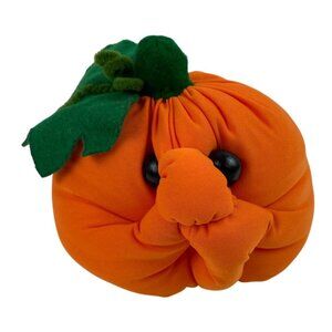 Vintage Handmade 6" Knit Plush Orange Pumpkin Wood Bead Eyes Felt Leaves